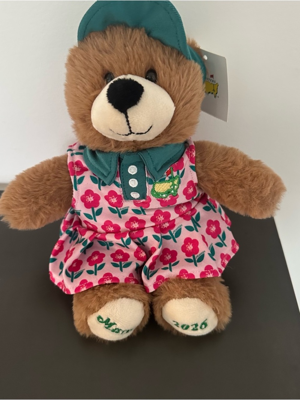 2026 Masters Brown Bear Plush in Pink Floral Dress with Green Visor